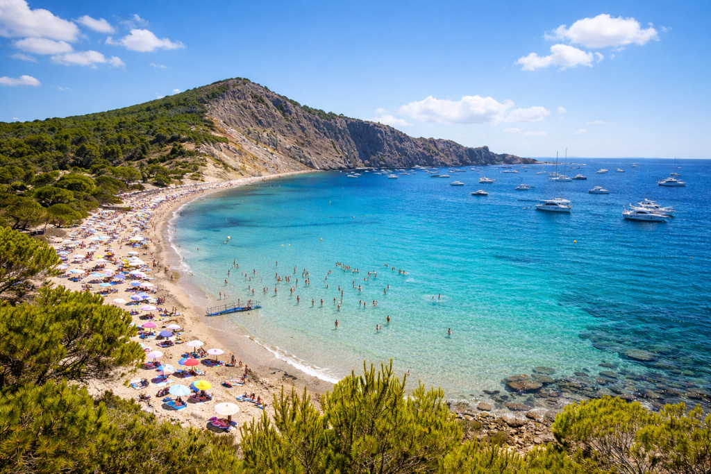 Wide view of a Mediterranean beach cove with turquoise water, anchored yachts, swimmers in the bay and pine-covered cliffs under a clear blue sky.