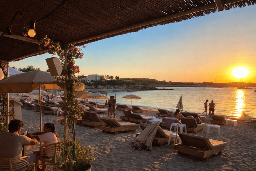 Strandclub bei Sonnenuntergang mit Holzliegen und Sonnenschirmen im Sand, Menschen, die am Ufer entspannen, und warmem goldenem Licht, das sich im ruhigen Meerwasser spiegelt.