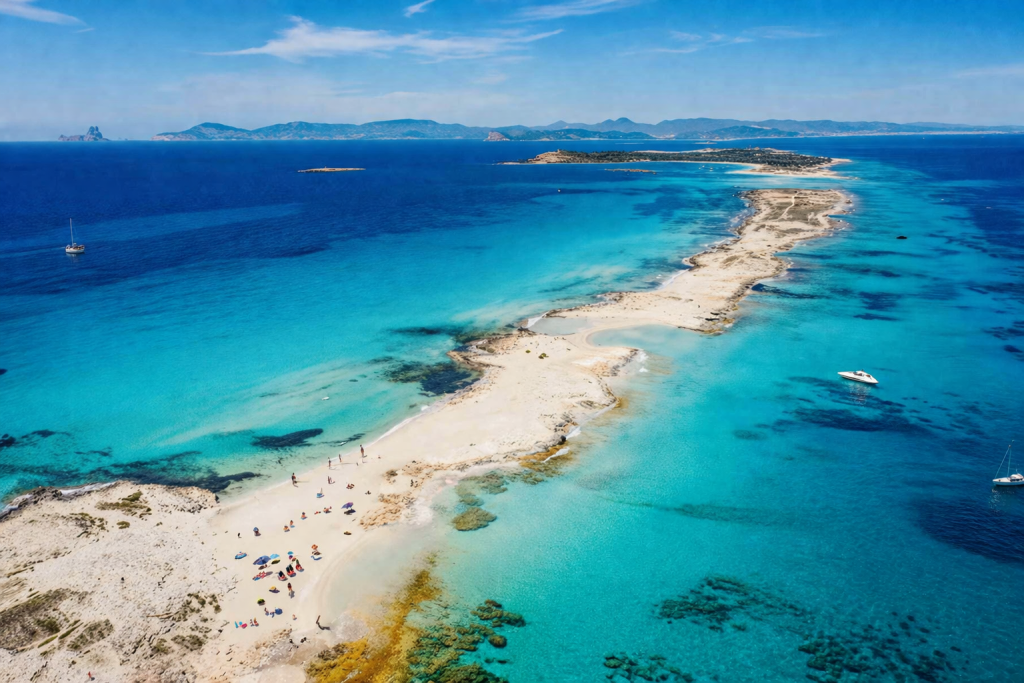 Glitched composite image showing fragments of a tropical sandbar with turquoise water and boats overlaid with distorted urban street scenes and people using mobile phones.