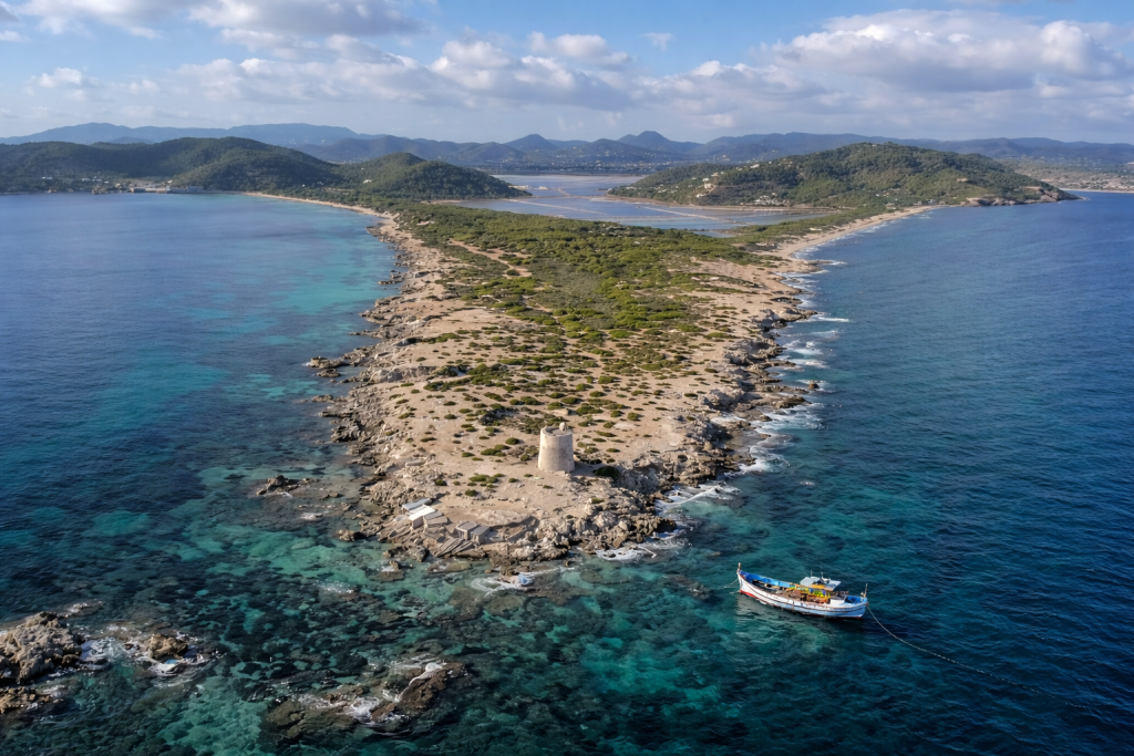 Luftaufnahme einer felsigen Mittelmeerhalbinsel mit einem steinernen Wachturm, umgeben von klarem türkisfarbenem und tiefblauem Wasser, mit einem kleinen Fischerboot, das in der Nähe vor Anker liegt, und grünen Hügeln im Hintergrund.