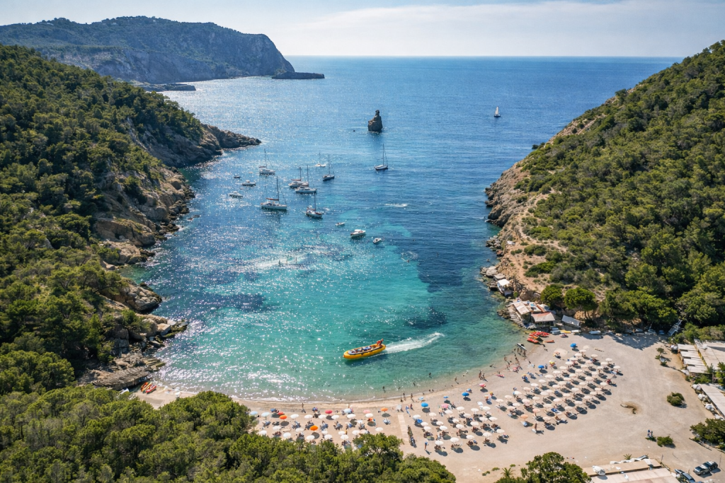 Luftaufnahme einer mediterranen Bucht mit türkisfarbenem Wasser, in der Bucht vor Anker liegenden Booten, einem mit Sonnenliegen und Sonnenschirmen gesäumten Sandstrand und grünen Hügeln, die die Küste unter klarem Himmel umgeben.