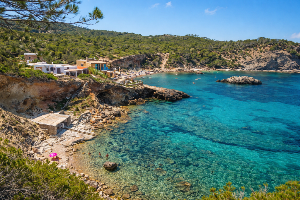 Malerische mediterrane Bucht mit klarem türkisfarbenem Wasser, felsiger Küste und kleinem Strand, Villen an der Klippe mit Blick auf die Bucht und pinienbewachsenen Hügeln unter strahlend blauem Himmel.