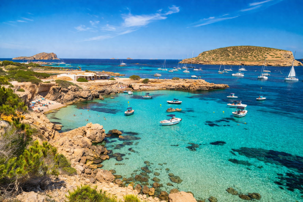 Felsige Küste bei Cala Conta mit klarem türkisfarbenem Wasser, kleinen Booten, die in einer geschützten Bucht ankern, sandigen Buchten und niedrigen Klippen, mit vorgelagerten Inseln und einem strahlend blauen Himmel im Hintergrund.