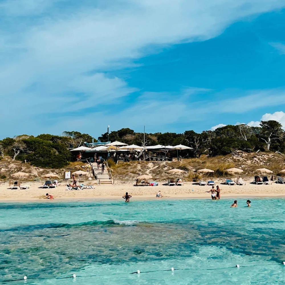 Beach club on a sandy shoreline with sun loungers and parasols, people swimming in clear turquoise water, and a rustic restaurant set among trees in the background.