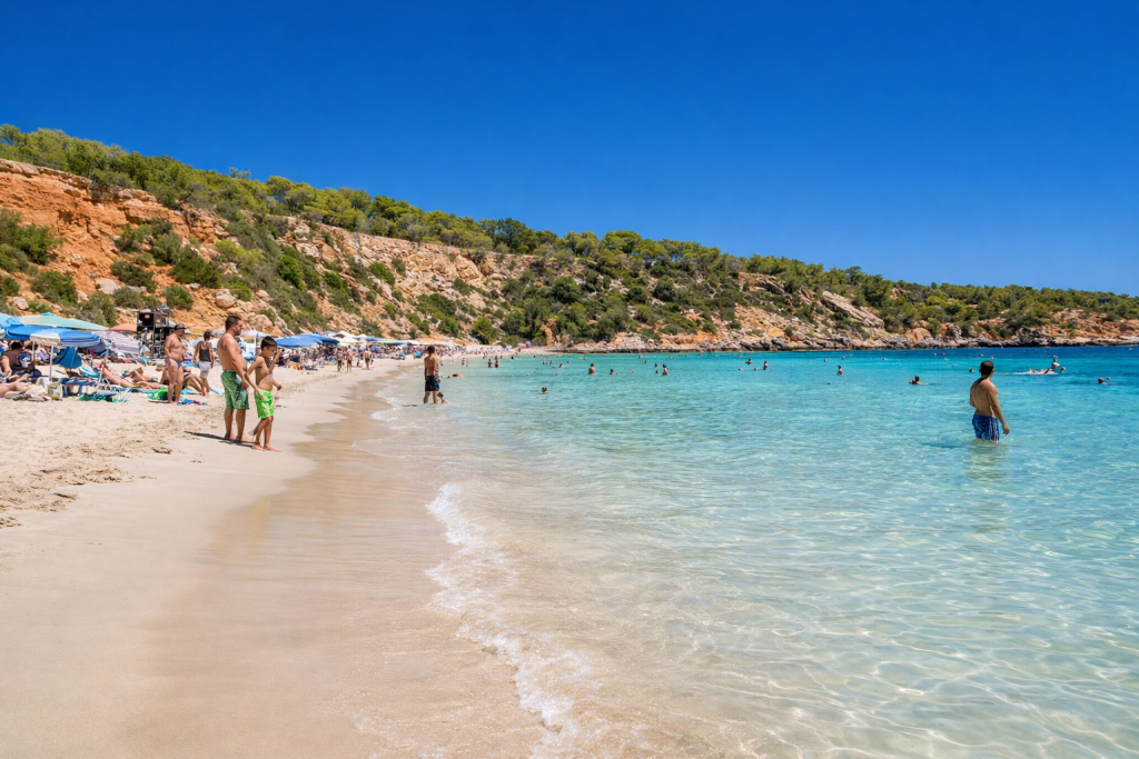 Sunny Mediterranean beach with clear shallow water, people swimming and relaxing on the sand, backed by rocky cliffs and green hills under a bright blue sky.