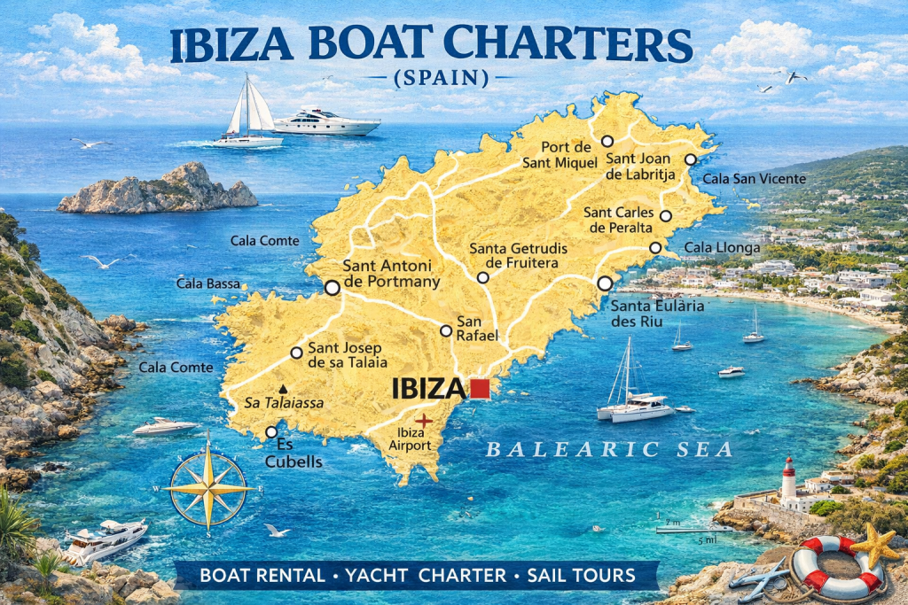 Illustrated map of Ibiza showing key towns, coastal locations and routes, surrounded by the Balearic Sea, with boats, yachts and beach scenes highlighting boat charter routes around the island.