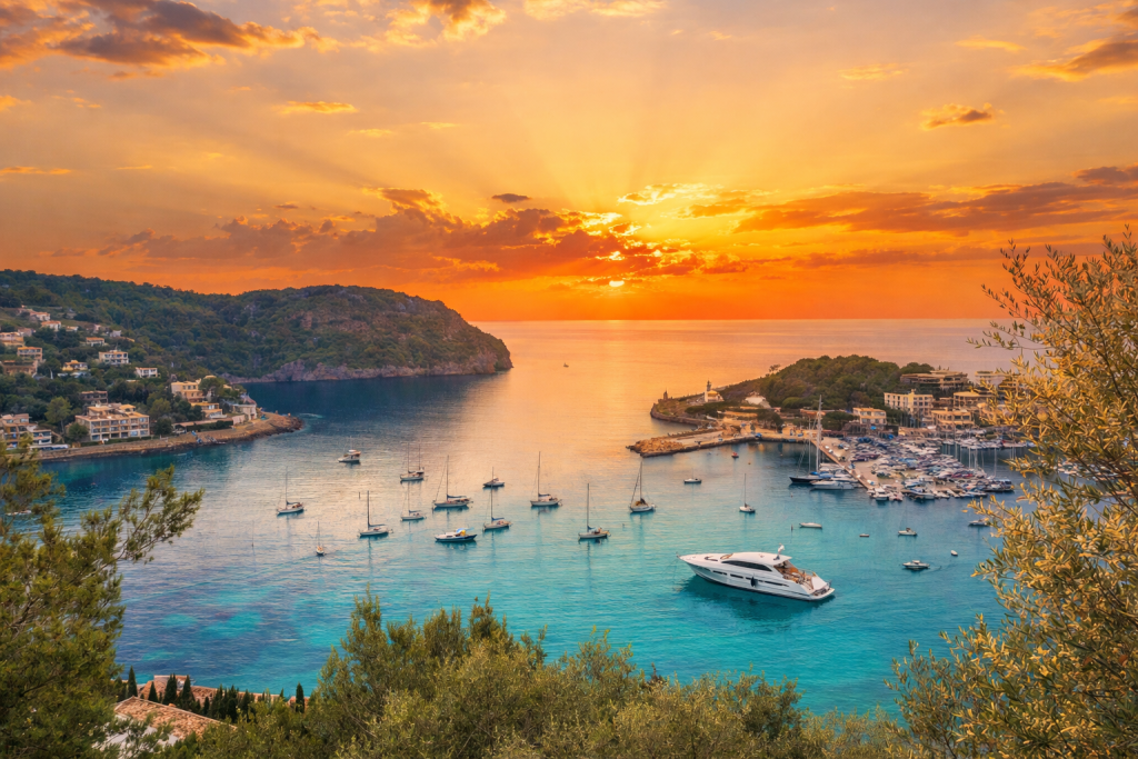 Mediterranean harbour at sunset with turquoise water, anchored sailboats, coastal village and hills under a glowing orange sky