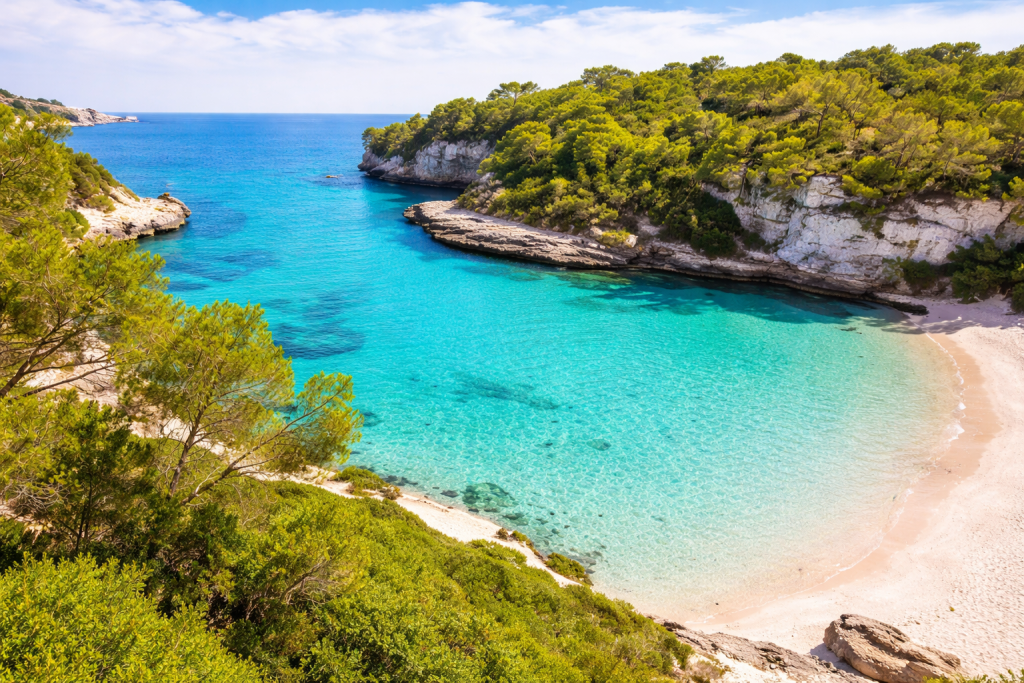 Turquoise Mediterranean cove with clear water, sandy beach, and rocky cliffs surrounded by lush green pine trees under bright blue sky.