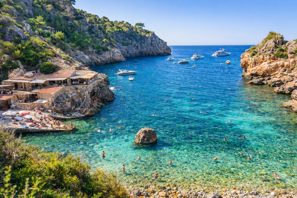 Crique turquoise limpide avec des nageurs et des bateaux au mouillage, entourée de falaises rocheuses et d'une végétation luxuriante, avec un bar de plage rustique construit dans les rochers sur la gauche.