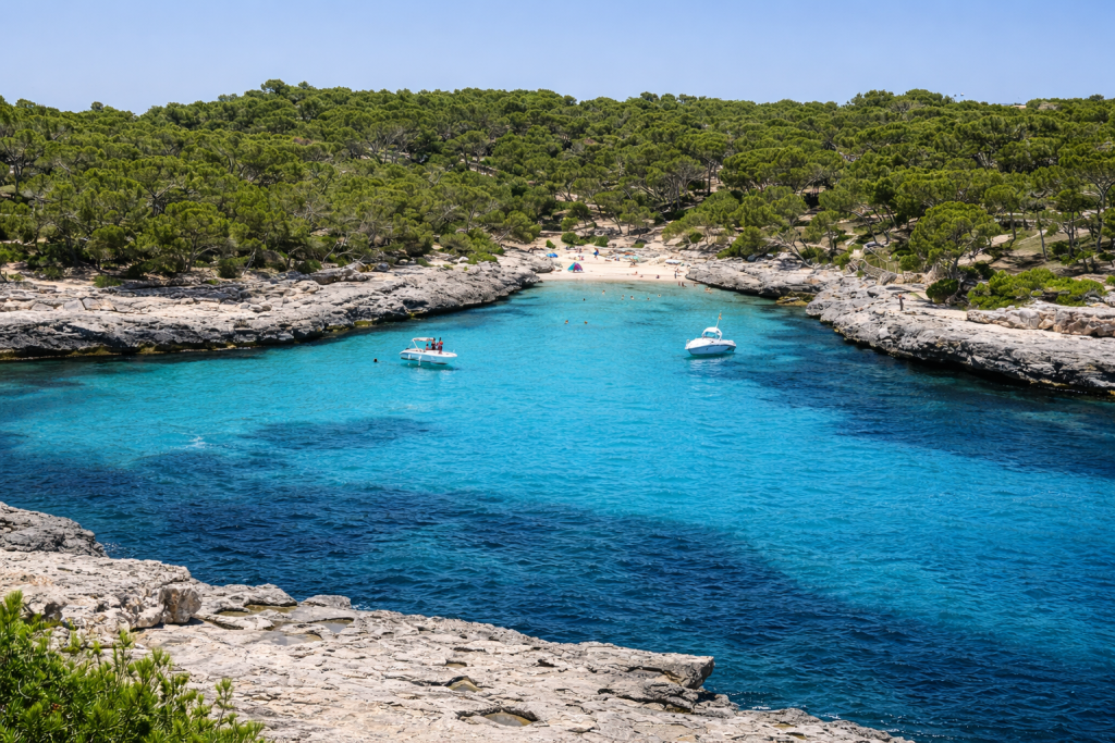 Crique turquoise entourée de falaises rocheuses et d'une dense forêt de pins, avec de petits bateaux ancrés dans des eaux calmes et une plage de sable isolée en arrière-plan.