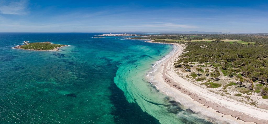 Aerial view of a long sandy beach with clear turquoise water, gentle waves and sparse coastal vegetation along the shoreline. Aerial view of a sweeping sandy coastline with turquoise water, shallow waves and a small island offshore, bordered by natural coastal vegetation and open landscape.