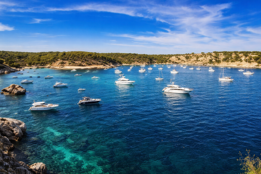 Baie turquoise limpide remplie de yachts et de bateaux au mouillage, entourée d'une côte rocheuse et de collines couvertes de pins, sous un ciel d'un bleu éclatant parsemé de quelques nuages légers.