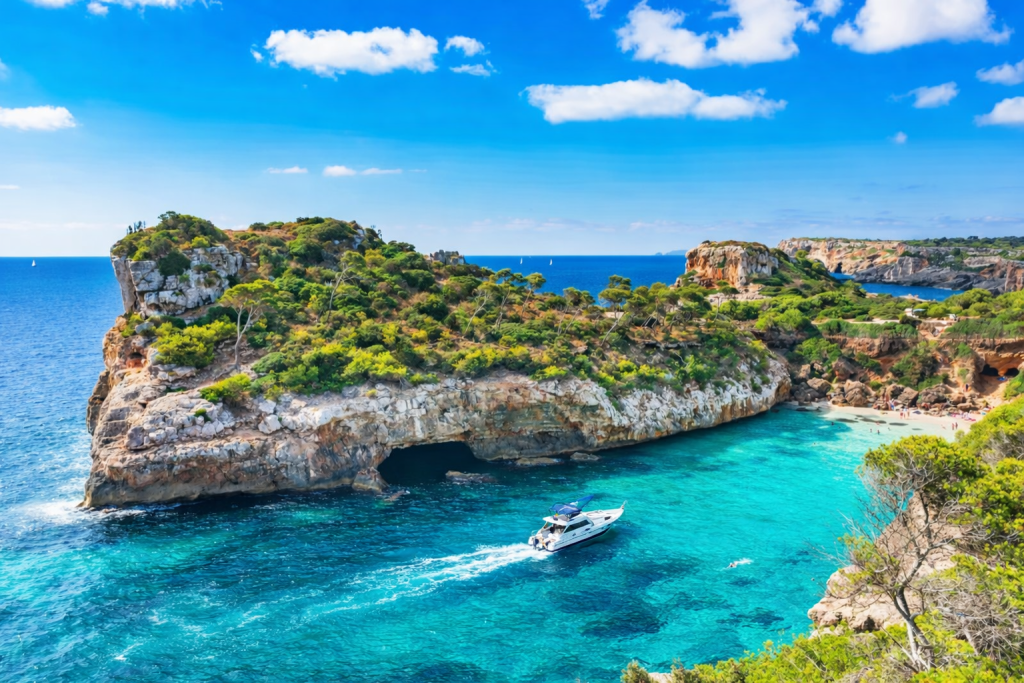 Turquoise Mediterranean cove surrounded by rocky cliffs and green pine trees, with a small motorboat cruising across clear water near a sandy beach under blue skies