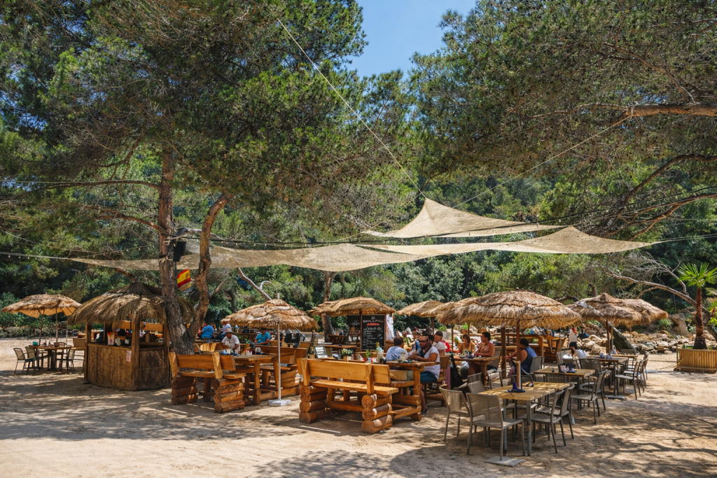 Outdoor beach restaurant set beneath pine trees with wooden tables, thatched umbrellas, and shaded seating, surrounded by sandy ground and relaxed diners.