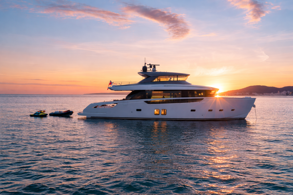 Luxury superyacht anchored at sunset with warm golden light, calm sea reflections, small tender boats nearby and soft clouds in the sky.