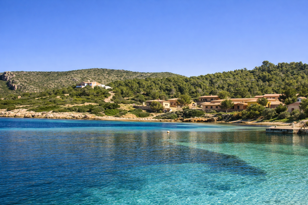 Calm Mediterranean bay with clear turquoise water, hillside homes and lush green trees under a bright blue sky.