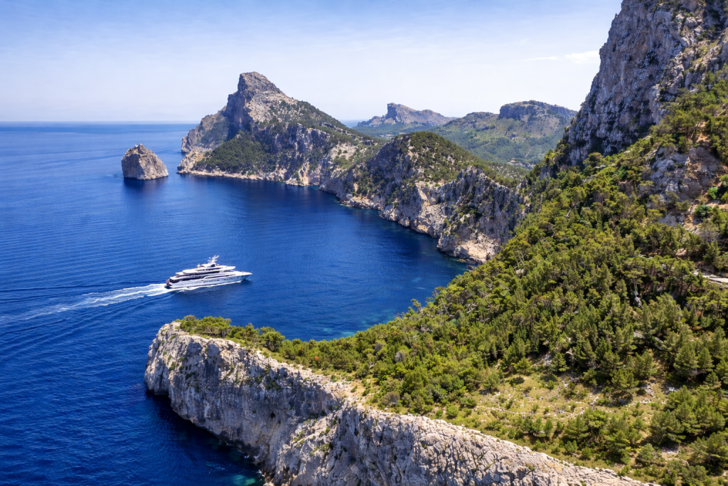 Panoramic coastal cliffs covered in green pine forest overlooking deep blue Mediterranean waters, with a white luxury yacht cruising past a rocky island under clear skies