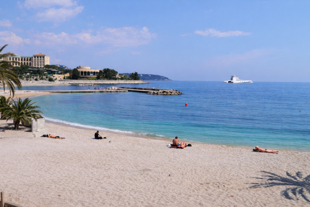 Sandy beach with sunbathers beside calm turquoise water, featuring a small jetty, palm trees, and a luxury yacht in the distance under a clear blue sky.
