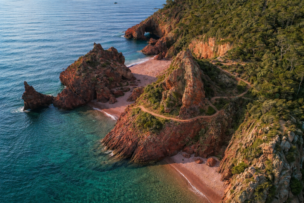 Aerial view of rugged red rock cliffs and a winding coastal path, overlooking clear turquoise water and small secluded beaches along a dramatic shoreline.